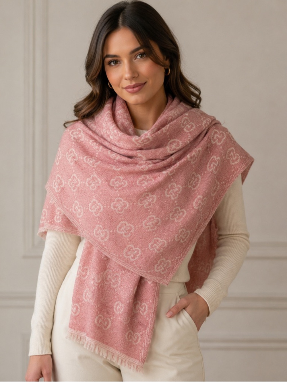 Pink GG Logo 80% Cashmere Jacquard Scarf